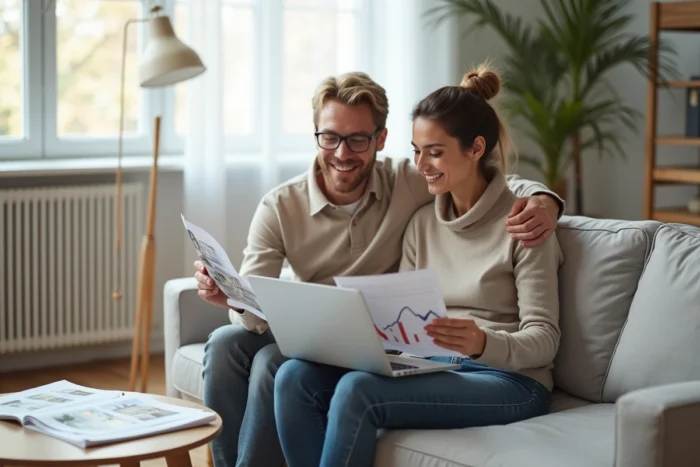 Couple étudiant des documents immobiliers et des tendances du marché en ligne dans un salon moderne