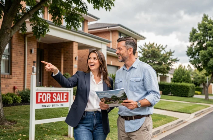 Couple examinant une maison à vendre dans un quartier résidentiel calme lors d'un projet immobilier