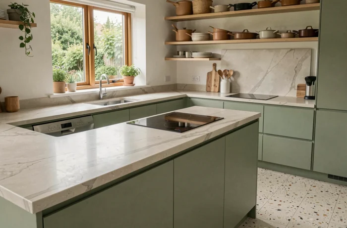 Cuisine rénovée aux tendances 2024 avec armoires vert sauge, plan de travail en quartz et équipements connectés