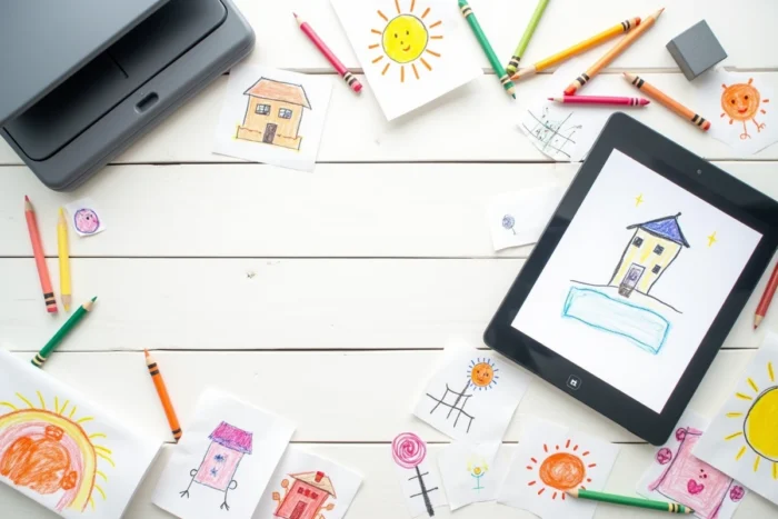 Dessins de l'enfant scannés et affichés sur tablette pour intégration dans un diaporama d'anniversaire créatif