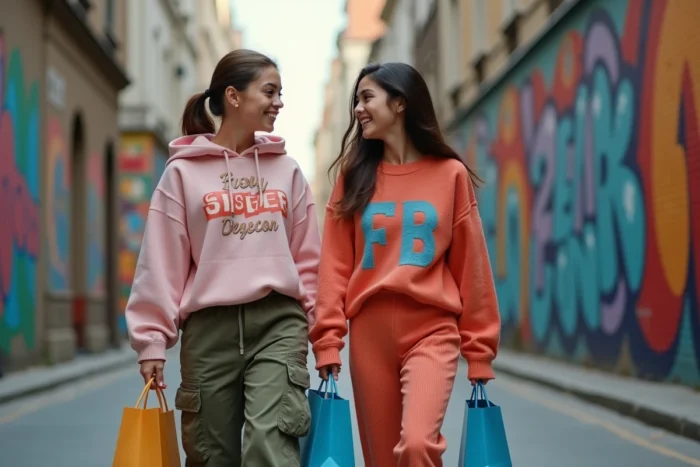 Deux jeunes fashionistas en tenue FB Sister marchant dans une rue urbaine avec fresques murales colorées