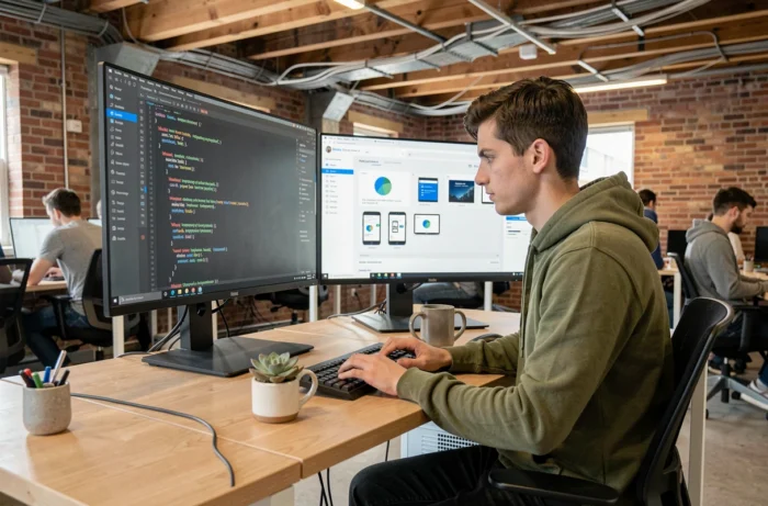Développeur web jeune travaillant sur une application numérique innovante dans un espace de coworking moderne