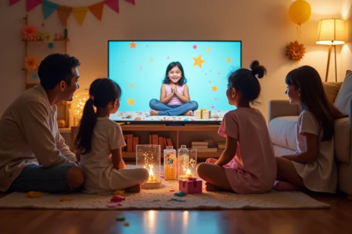Famille réunie autour d'un diaporama d'anniversaire affiché sur un écran de salon, enfant souriante entourée de cadeaux et de confettis