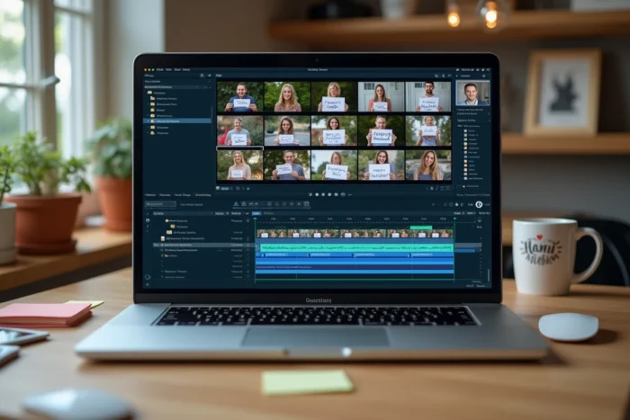 Écran d'ordinateur affichant un montage collaboratif de clips vidéo de proches pour un diaporama d'anniversaire participatif