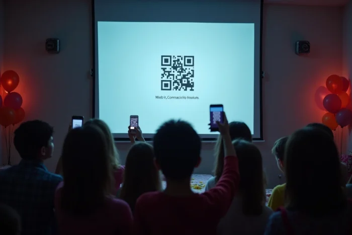 Invités scannant un QR code projeté en fin de fête d'anniversaire avec leurs smartphones dans une salle décorée