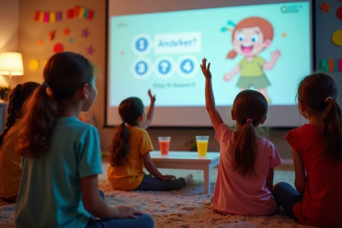 Enfants lors d'une fête d'anniversaire participant à un diaporama quiz interactif projeté sur un mur