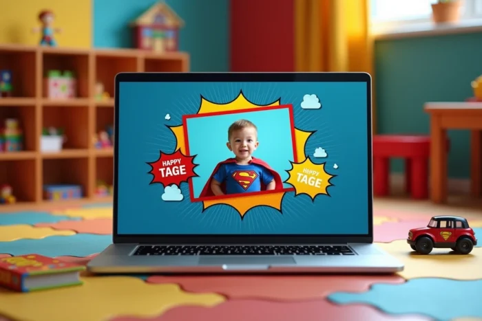 Ordinateur portable affichant un diaporama d'anniversaire sur le thème super-héros avec photos de l'enfant déguisé