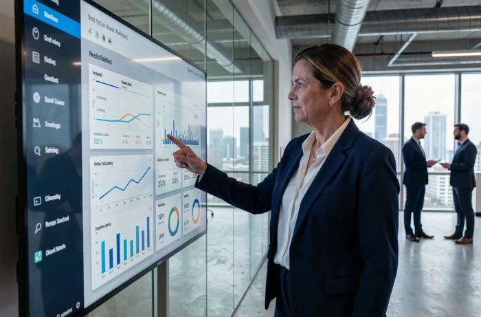 Dirigeante d'entreprise interagissant avec un tableau de bord numérique dans un bureau moderne pour piloter la transformation digitale