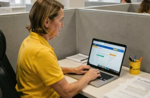 Employée de La Poste accédant à l'extranet GTA sur son ordinateur portable au bureau