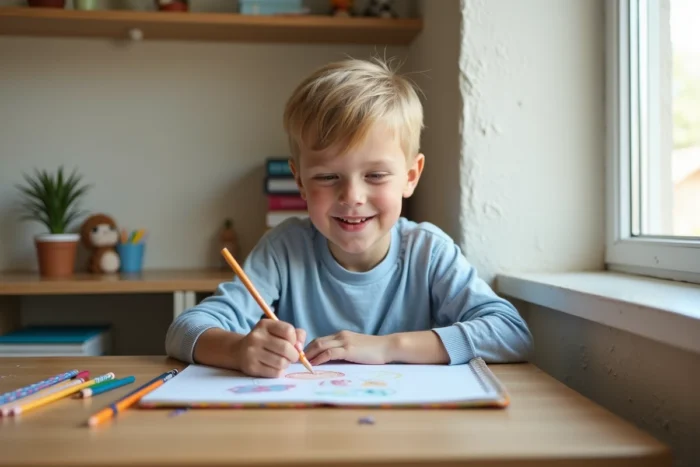 Enfant concentré dessinant dans un carnet de croquis à son bureau, créativité et épanouissement personnel de l'enfant