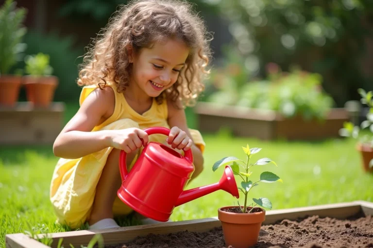 Jeune fille épanouie arrosant une plante dans un jardin, activité éducative et bien-être de l'enfant