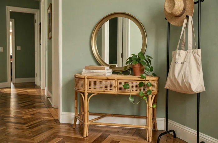 Entrée de maison stylisée avec console en rotin, miroir laiton brossé, parquet en chevrons et plante verte pour une décoration tendance et chaleureuse