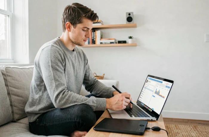 Jeune entrepreneur travaillant sur une stratégie de marketing digital depuis son bureau à domicile avec un laptop et une tablette graphique