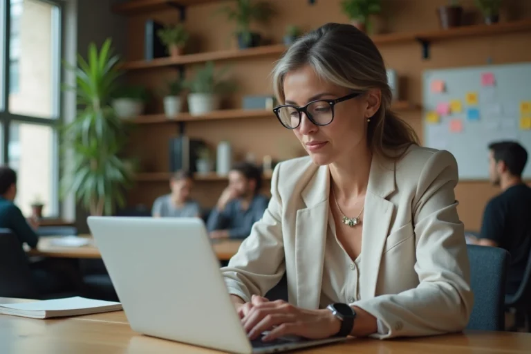 Entrepreneuse indépendante consultant un espace en ligne communautaire pour entrepreneurs sur son ordinateur portable dans un espace de coworking moderne
