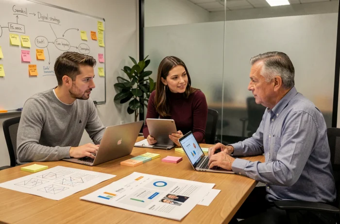 Équipe de professionnels collaborant autour d'une table sur une stratégie de transformation digitale avec prototypes web