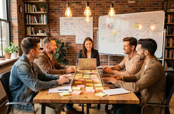 Équipe de professionnels en réunion collaborative autour d'une table en bois dans un espace de coworking moderne