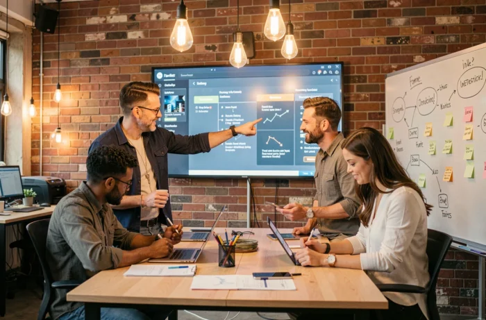 Équipe de professionnels collaborant sur une stratégie de communication digitale innovante dans un studio startup