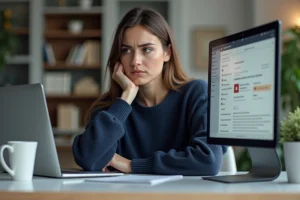 Femme concentrée devant un écran d'ordinateur affichant des erreurs sur une plateforme professionnelle, dans un bureau à domicile moderne