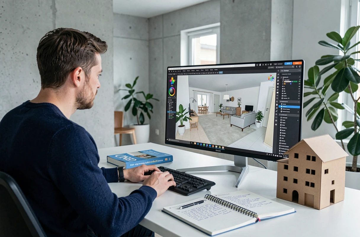 Étudiant en formation CNED d'architecte d'intérieur travaillant sur un logiciel de modélisation 3D depuis son appartement