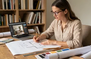 Femme étudiante en architecture d'intérieur travaillant à distance sur des plans et maquettes depuis son bureau à domicile
