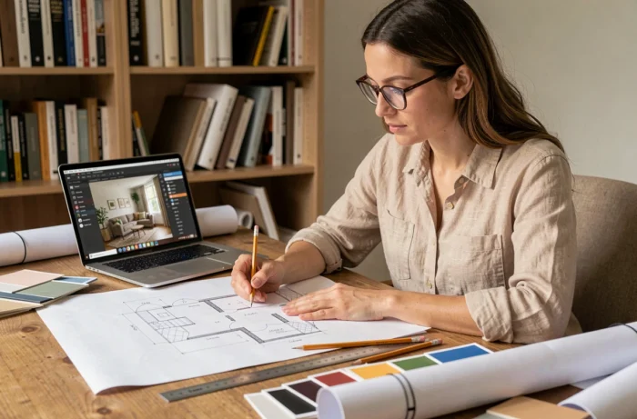 Femme étudiante en architecture d'intérieur travaillant à distance sur des plans et maquettes depuis son bureau à domicile