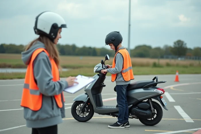 Adolescent recevant les résultats de son examen pratique BSR sur un circuit de formation avec une examinatrice