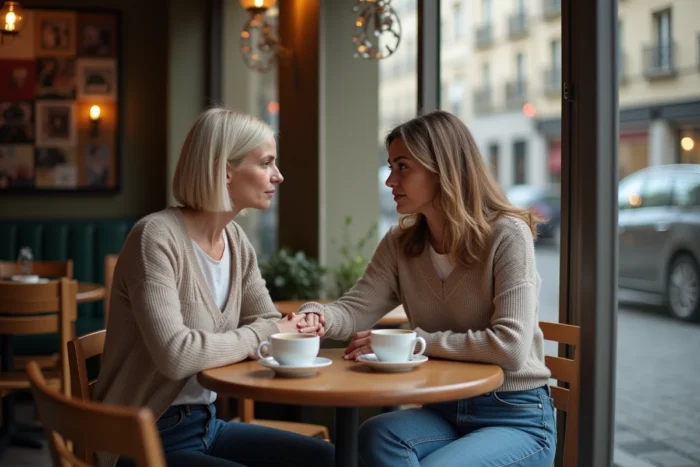 Deux femmes dans un café, l'une affichant une fausse bienveillance excessive envers l'autre mal à l'aise
