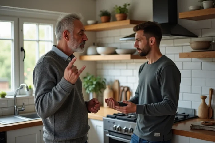 Homme d'âge mûr donnant des conseils condescendants non sollicités à un jeune homme dans une cuisine