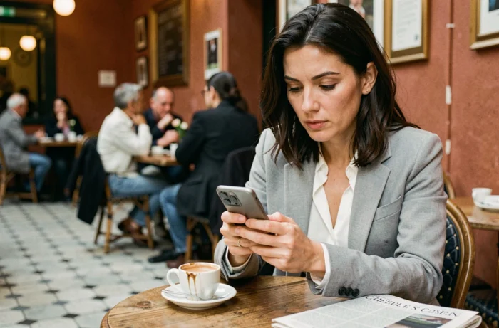 Femme lisant l'actualité régionale sur son smartphone dans un café français