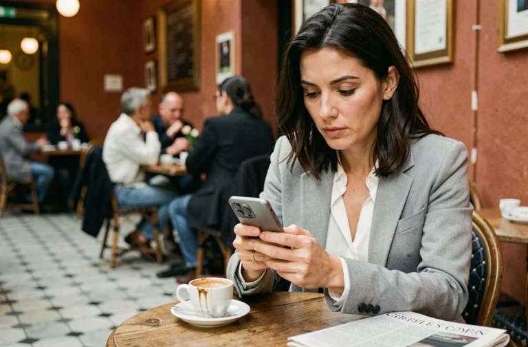 Femme lisant l'actualité régionale sur son smartphone dans un café français