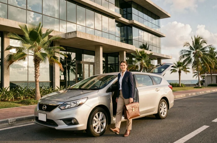 Femme d'affaires sortant d'une berline hybride devant un immeuble de bureaux moderne à Saint-Denis, La Réunion