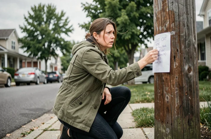 Femme inquiète collant une affiche de chat perdu sur un poteau dans une rue résidentielle