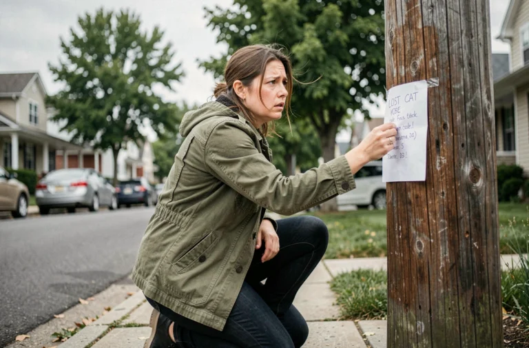 Femme inquiète collant une affiche de chat perdu sur un poteau dans une rue résidentielle