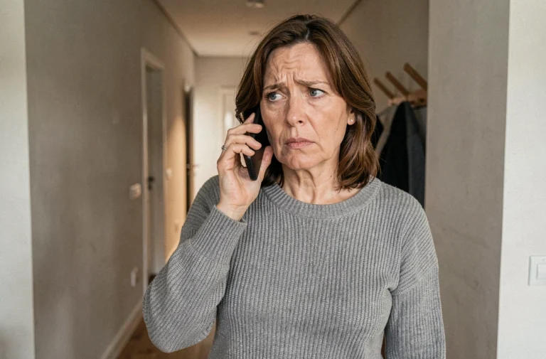 Femme tenant son téléphone pour contacter le service d'urgence Foncia depuis son appartement