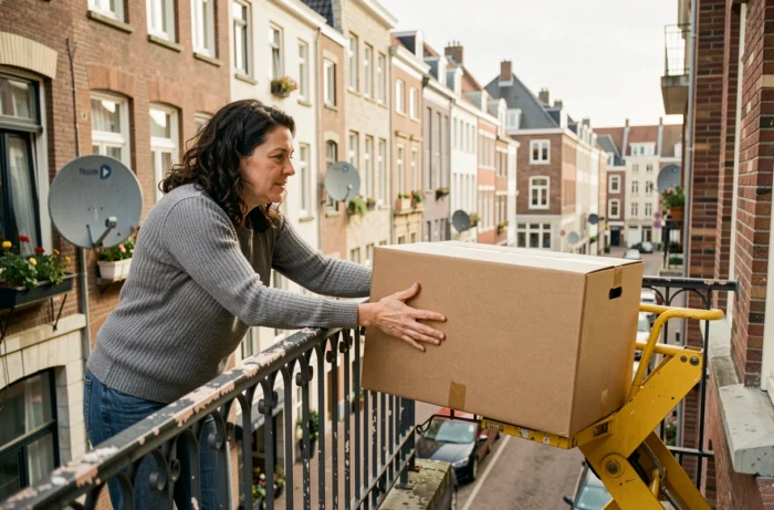 Femme guidant depuis son balcon bruxellois une boîte de déménagement acheminée par un lift de façade