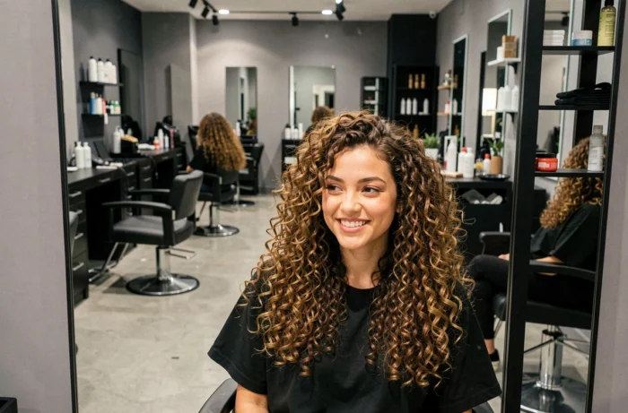 Femme aux cheveux bouclés naturels après une coiffure au salon Thomas Tuccinardi à Lyon