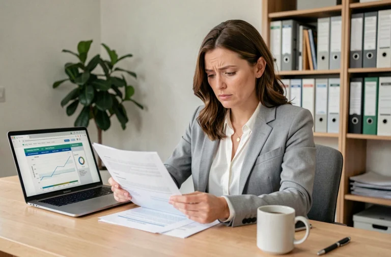 Femme examinant des documents de crédit et des offres de prêt sur son bureau à domicile