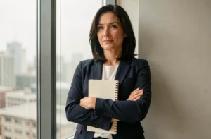 Femme élégante tenant un carnet contre elle, regard déterminé, symbolisant la discrétion et la protection de sa vie privée