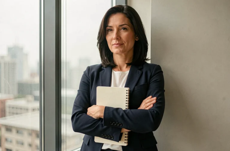 Femme élégante tenant un carnet contre elle, regard déterminé, symbolisant la discrétion et la protection de sa vie privée