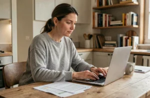 Femme consultant des documents bancaires sur un ordinateur portable pour résoudre la suspension de son compte Cetelem
