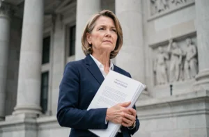 Femme déterminée tenant des documents juridiques devant un palais de justice, symbolisant la défense des droits fondamentaux