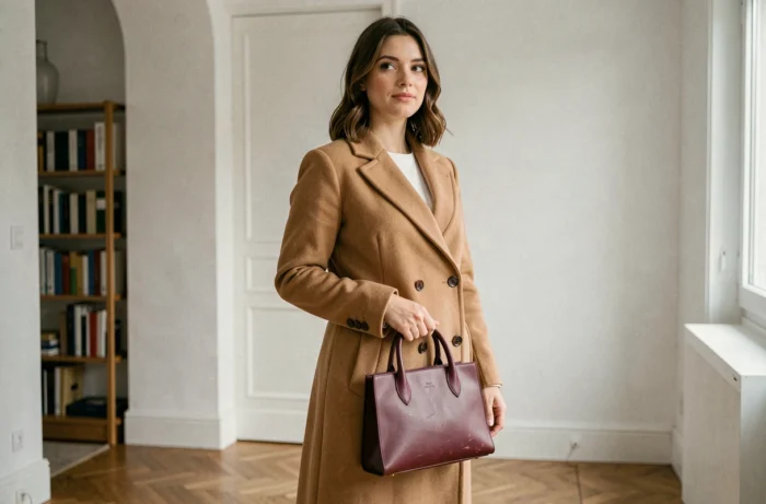 Femme élégante en manteau camel tenant un sac en cuir bordeaux dans un appartement parisien minimaliste