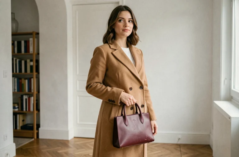 Femme élégante en manteau camel tenant un sac en cuir bordeaux dans un appartement parisien minimaliste