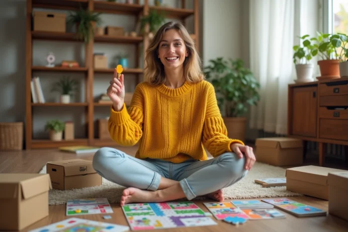 Femme assise entourée de jeux de société et loisirs créatifs dans un appartement moderne et chaleureux en 2024