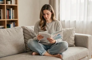 Femme lisant un magazine scientifique sur un canapé, illustrant une réflexion sur les études en sexologie féminine