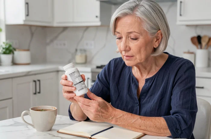 Femme mature lisant attentivement l'étiquette du complément alimentaire Acthéane dans sa cuisine