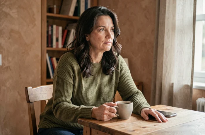 Femme pensive attablée dans une cuisine chaleureuse, téléphone retourné, évoquant la volonté de préserver son intimité familiale