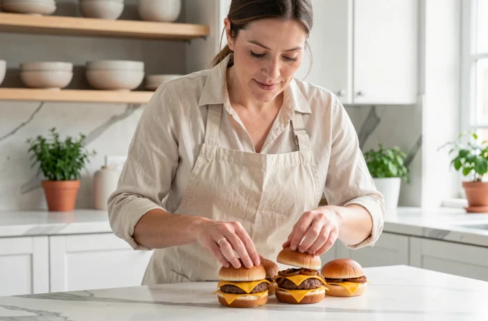 Femme préparant des mini hamburgers apéro sur un plan de travail en marbre dans une cuisine moderne