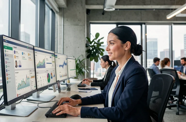 Femme professionnelle analysant des tableaux de bord de communication digitale sur plusieurs écrans dans un bureau moderne