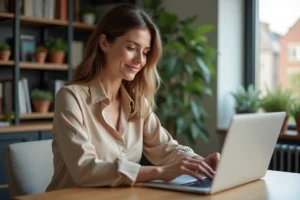 Femme consultant des annonces immobilières en ligne sur un ordinateur portable dans un bureau moderne